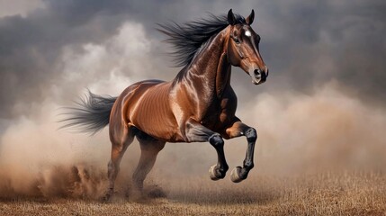 Obraz premium Horse galloping across an open field, powerful muscles in motion generative ai