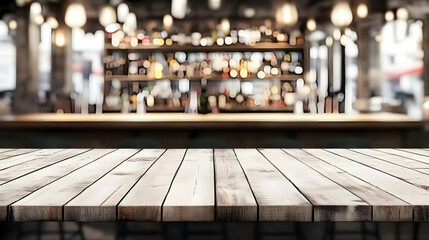 Rustic Wooden Tabletop with Blurred Bar Background;  A  Clean, Empty Surface Ideal for Product Display or Mockups, Featuring a Bokeh Effect on the Bar's Ambiance.