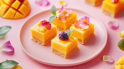Mango dessert squares with berries and flowers