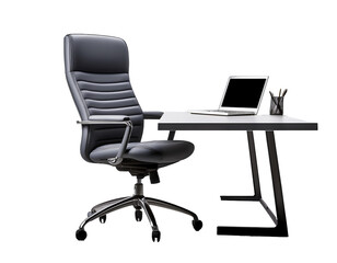 A black leather office chair sits in front of a desk with a laptop and a pen