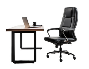 A black leather office chair sits in front of a wooden desk