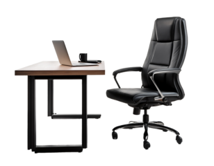A black leather office chair sits in front of a wooden desk