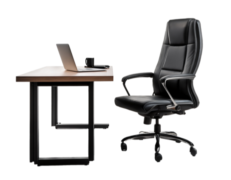 A black leather office chair sits in front of a wooden desk