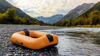 Obraz premium Vibrant orange inflatable tube resting on a riverbank surrounded by majestic mountains and clear skies