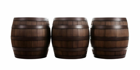 Three Dark Brown Wooden Barrels Arranged in a Row on White Background; Rustic, Vintage, Storage, Decorative