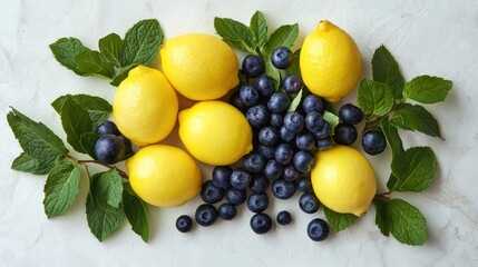 Fresh lemons and blueberries with mint leaves