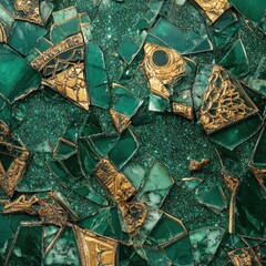 Emerald green and gold mosaic texture.