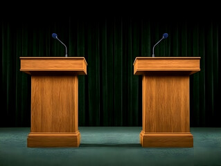 3D Render of Two Wooden Podiums with Microphones on a Dark Green Stage, Ready for a Debate or Presentation