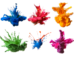 Set of colorful ink splashes spreading in different directions, isolated on transparent background.