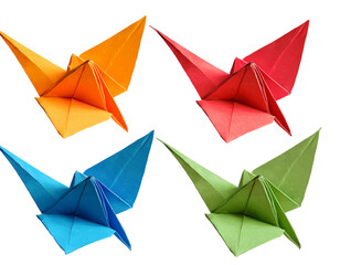 Set of colorful origami paper cranes, isolated on white background