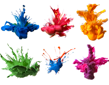 Set of colorful ink splashes spreading in different directions, isolated on transparent background. - Powered by Adobe