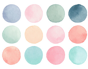 Set of hand-painted watercolor circles in pastel tones, isolated on white background