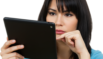 Focused Young Woman Using Digital Tablet Concentrated Expression Close Up