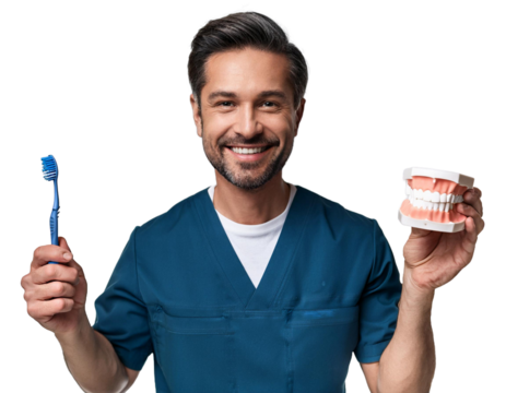 A man in a blue scrubs holding a toothbrush and a model of a tooth