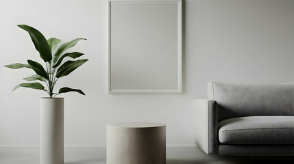 Modern Minimalist Interior Design: A 3D Render of a Gray Sofa, White Vase with Green Plant, and Wooden Side Table Against a White Wall with a Blank Frame.