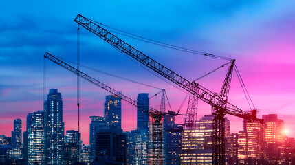 Construction activity at sunset city skyline photography urban environment wide angle development concept