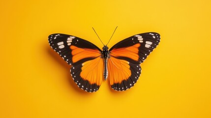 Obraz premium Vibrant Monarch Butterfly with Orange and Black Wings on Bright Yellow Background for Nature and Wildlife Themes