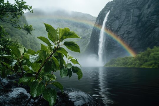 Rainbow Day celebration: radiant arc, colorful display, vibrant hues, scenic beauty, serene landscape, luminous sky, prismatic wonder, natural brilliance, enchanting colors, shimmering light.