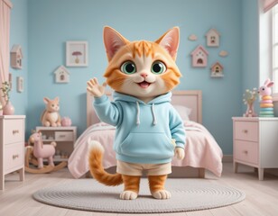 Fototapeta premium Cute Cartoon Cat Waving in Cozy Pastel Bedroom Interior
