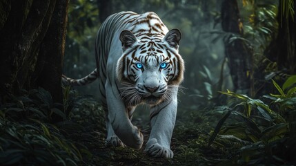 Majestic white tiger walking through a misty jungle, with bright blue eyes generative ai