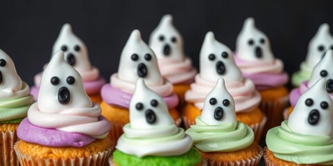 Miniature cupcakes adorned with whimsical ghost-shaped frosting, Halloween treats, creepy, cute