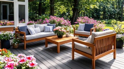 Cozy outdoor patio featuring a stylish couch and table surrounded by blooming flowers and natural beauty