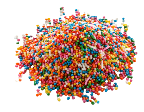 Brightly colored sprinkles scattered randomly, isolated on white background