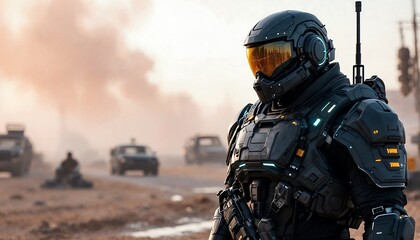 Obraz premium Futuristic Soldier Standing Guard in War-torn Cityscape with Military Vehicles