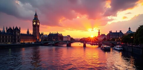 Fototapeta premium Iconic London landmark at sunset, Thames view, water, building, photography