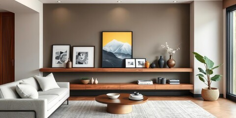 Modern living room with statement wood floating shelf, displaying art & decor, interior design, simple