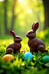 Sunlight dapples chocolate bunnies & eggs nestled amongst lush green plants , vibrant, green, garden