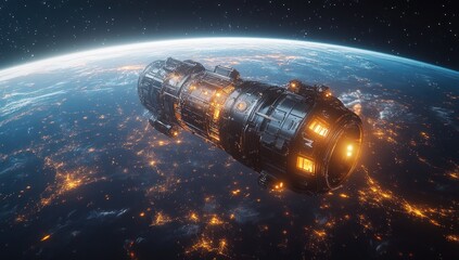 Hyper-realistic Space Telescope Orbiting Earth at Night with Cities Illumination and Cosmic Background