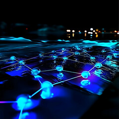Abstract 3D Network Illustration: Glowing Nodes Connected on a Dark, Reflective Surface with City Lights in the Background