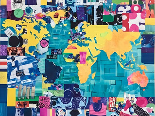 Vibrant Collage Illustrating a World Map with Abstract and Realistic Elements, Creating a Dynamic and Expressive Artwork.