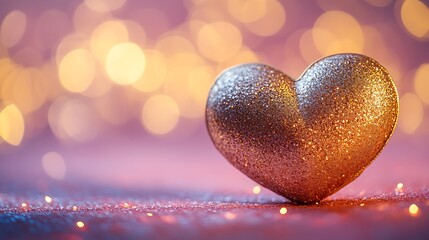 Obraz premium A sparkly gold heart rests on a textured pink surface with lights