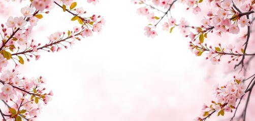 Pale pink and white dreamy background framed by delicate cherry blossoms, romantic spring scene, romantic, beautiful
