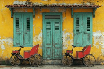Vintage Rickshaws Against Rustic Yellow Wall with Green Shutters in Kolkata India