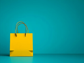 A vibrant yellow shopping bag stands against a teal background, a 3D rendering ideal for retail and e-commerce promotions.