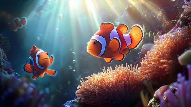 Finding Nemo: A captivating view captures two clownfish as they gracefully navigate a vibrant coral reef, as rays of sunlight filter down.