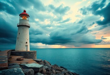 Obraz premium Retro seaside lighthouse, vintage photo, weathered stone, dramatic sky, aged, photography