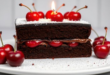 Rich chocolate cake layered with juicy cherries, topped with a lit birthday candle, celebration, candlelight