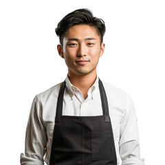 Confident young male in apron smiling on transparent background ready for service
