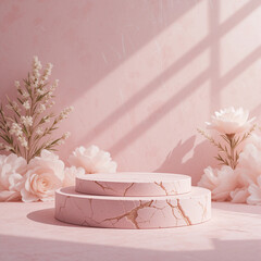 Blank Contemporary pink Stone Podium, front view focus, with pink cloud Background, ideal for eco-friendly and skincare product displays.