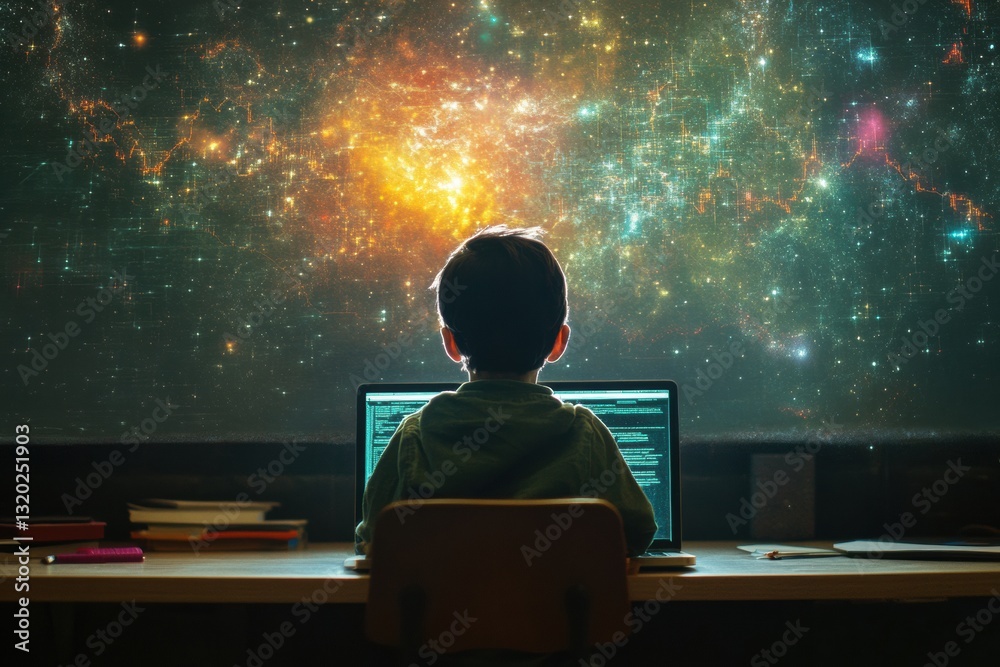 Fototapete student engages with ai in virtual learning, exploring the universe through an immersive digital env
