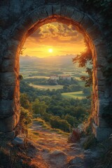 Ancient Fortress Wall with Towers Through Archway at Amber Fort in Rajasthan India