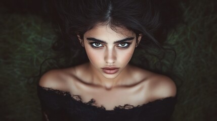 Fototapeta premium Close Up Portrait of a Young Woman with Dark Hair and Intense Gaze Wearing Black Lace Off Shoulder Dress Against Dark Green Background