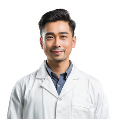 Professional Male Doctor Smiling in White Lab Coat with Blue Shirt Against White Background