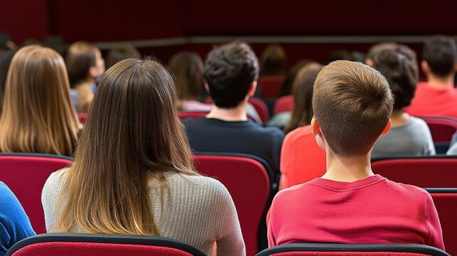 Diverse Young Adults Attentively Seated in Red Theater Chairs