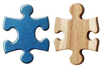 Obraz premium blue and wood puzzle pieces on white background