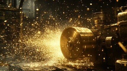 Glowing sparks fly from a spinning metal disc during intense machining